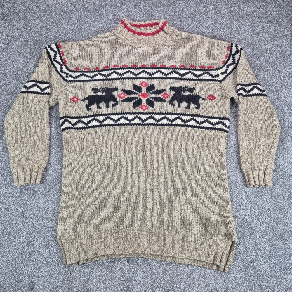 Vintage 90s Eddie Bauer Sweater Womens XS Tan Fair Isle Silk Wool Blend